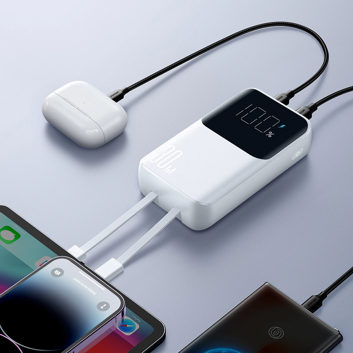 Powerbank Joyroom JR-PBC06, 10000mAh, 30W, me kabllo të integruara, Bardhë