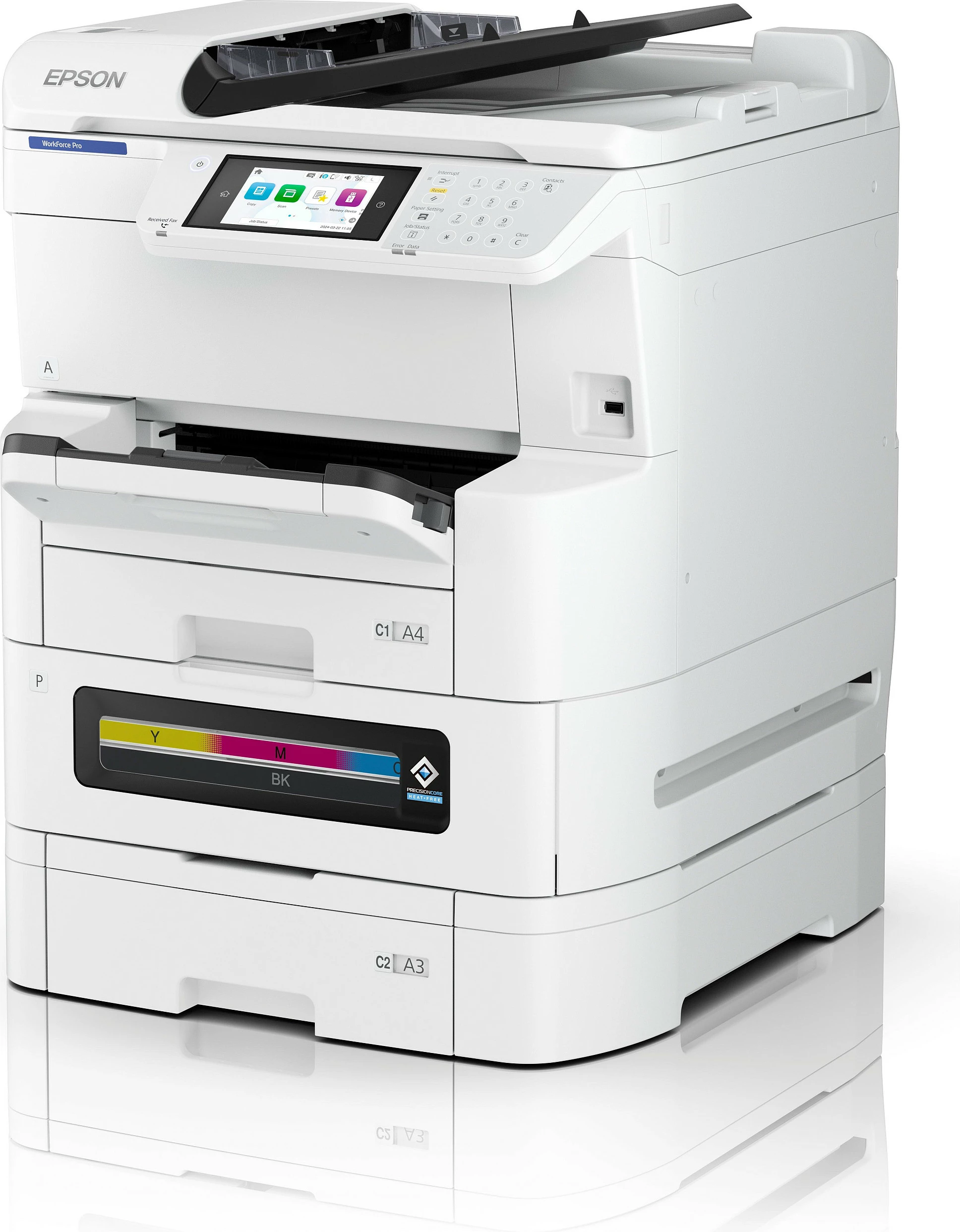 Printer multifunksional Epson WorkForce Pro EM-C8100RDWF, inkjet me ngjyra, A3, duplex, Wi‑Fi/Ethernet, i bardhë