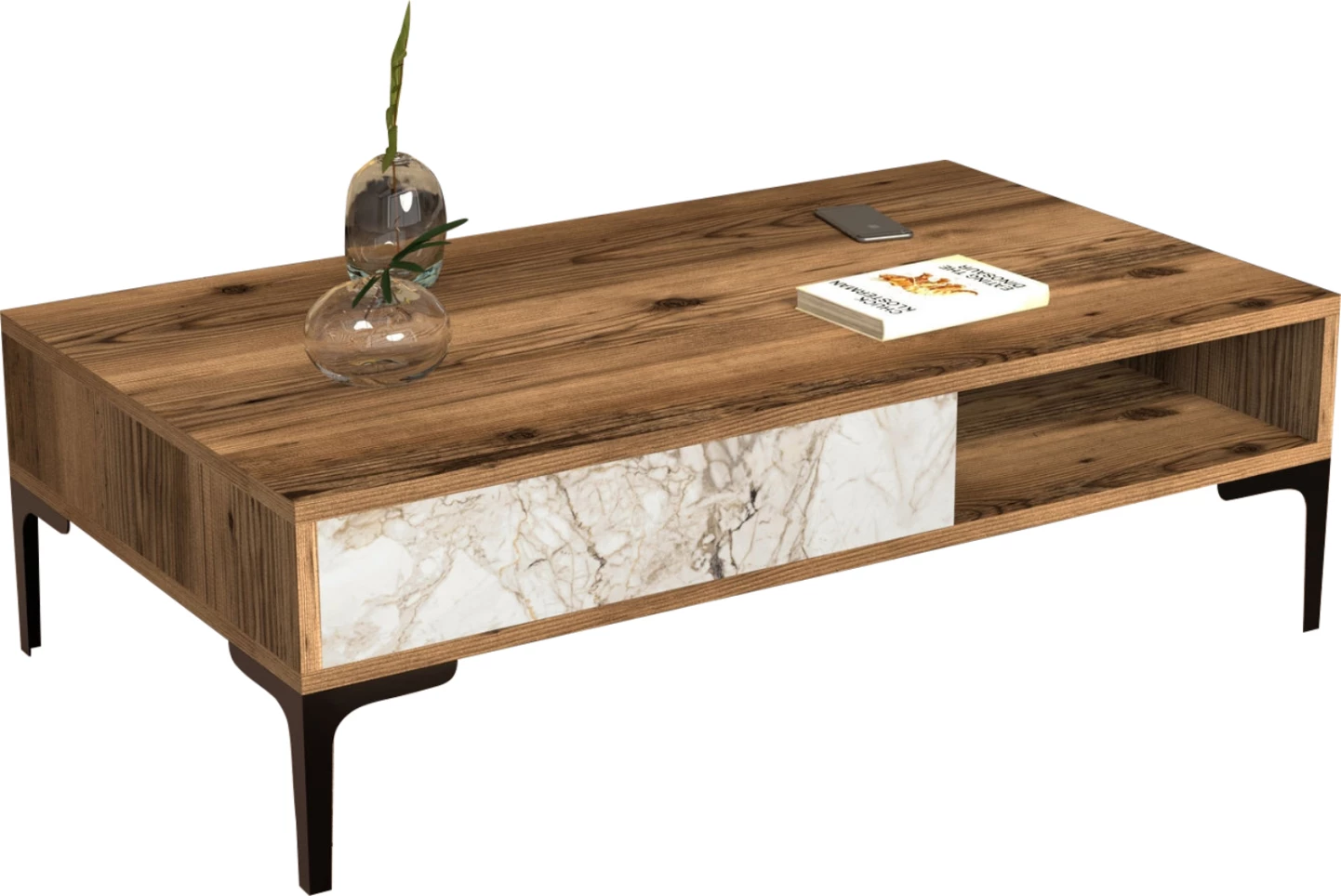 Tavolinë kafeje FH9503.05, pamje mermeri të bardhë, këmbë metalike, 105x60x32.6H cm