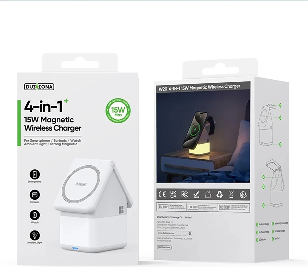 Karikues wireless Duzzona W20 4-në-1 me llambë nate, 15W, për iPhone/Apple Watch/AirPods, Bardhë