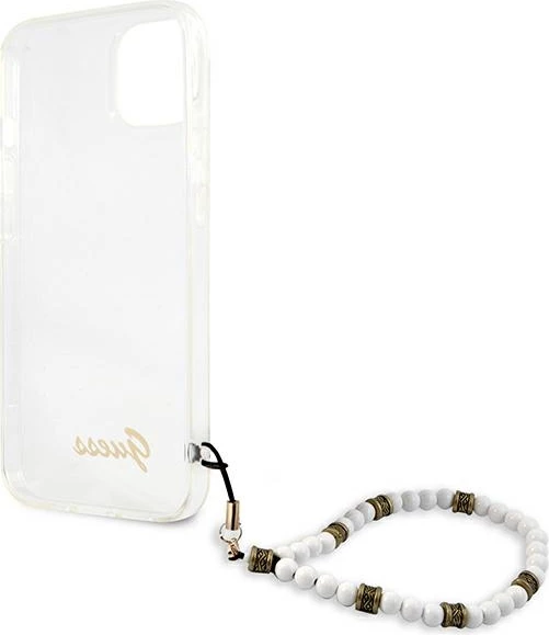 Mbështjellës Guess GUHCP13SKPSWH për iPhone 13 mini 5.4", transparent, me varëse perlë