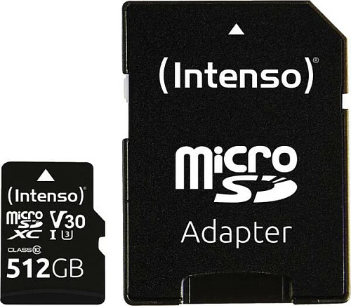 Kartelë memorie microSDXC Intenso 512GB UHS-I U3 V30, 100MB/s, me adapter SD, e zezë