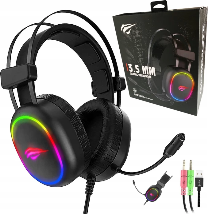 Kufje gaming HAVIT Gamenote HV-H2016D, me mikrofon, RGB LED, 50mm, kabllo 2m, 2x 3.5mm + USB (vetëm për drita), të zeza