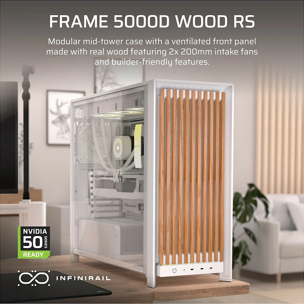 Kasë Corsair FRAME 5000D Wood RS Performance, Midi Tower, panel xhami i temperum, RGB, White/Oak