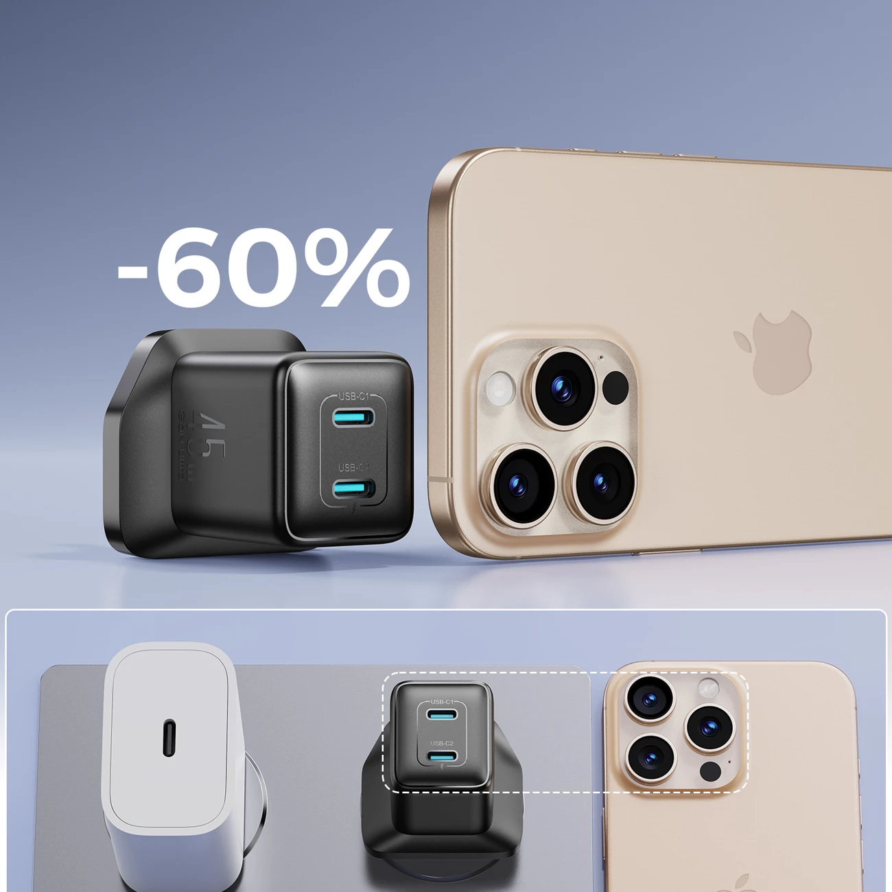 Karikues muri Joyroom JR-TCG17, 45W, 2x USB-C, pa kabllo, i zi, prizë UK