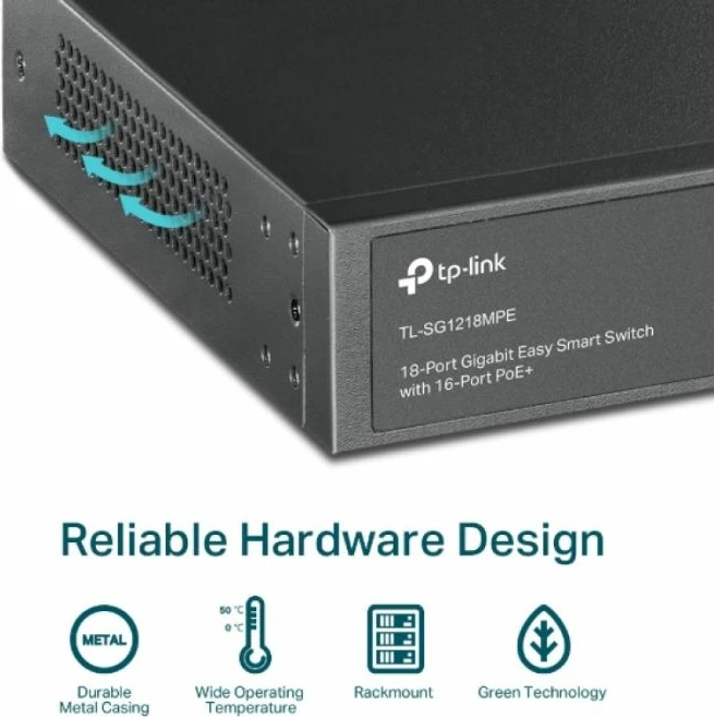Switch TP-LINK TL-SG1218MPE 18 porta Gigabit, 16x PoE+ 250W, 2x SFP, Rack-mount, E zezë
