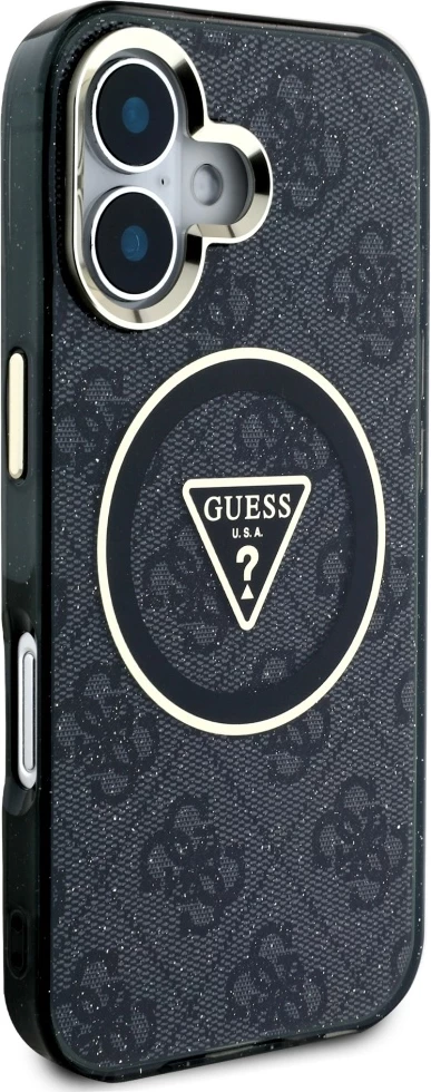 Mbështjellës Guess IML Metal Glitter 4G Circle Triangle MagSafe për iPhone 16, i zi