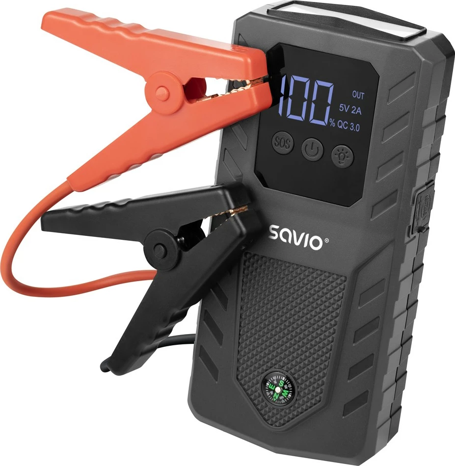 Jump starter dhe power bank Savio JS-01 10000 mAh, 1000 A kulmor, 12 V, e zezë
