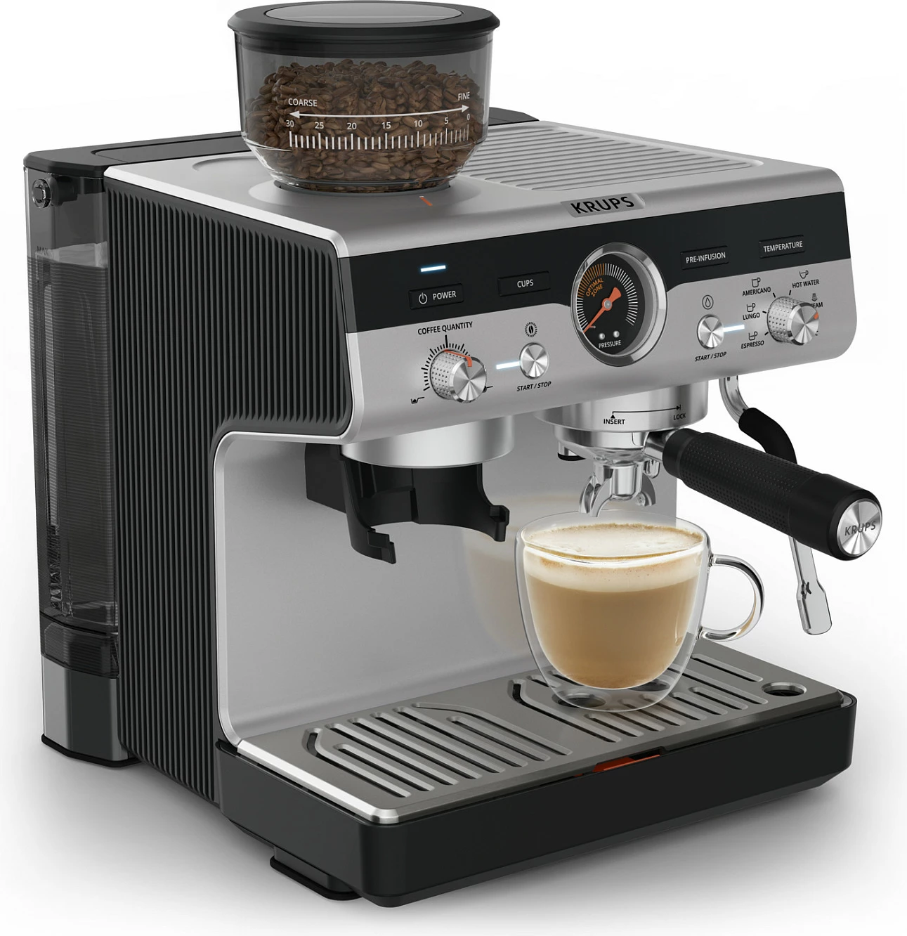 Makinë espresso Krups XP801T, me mulli të integruar, 3L, inox/e zezë