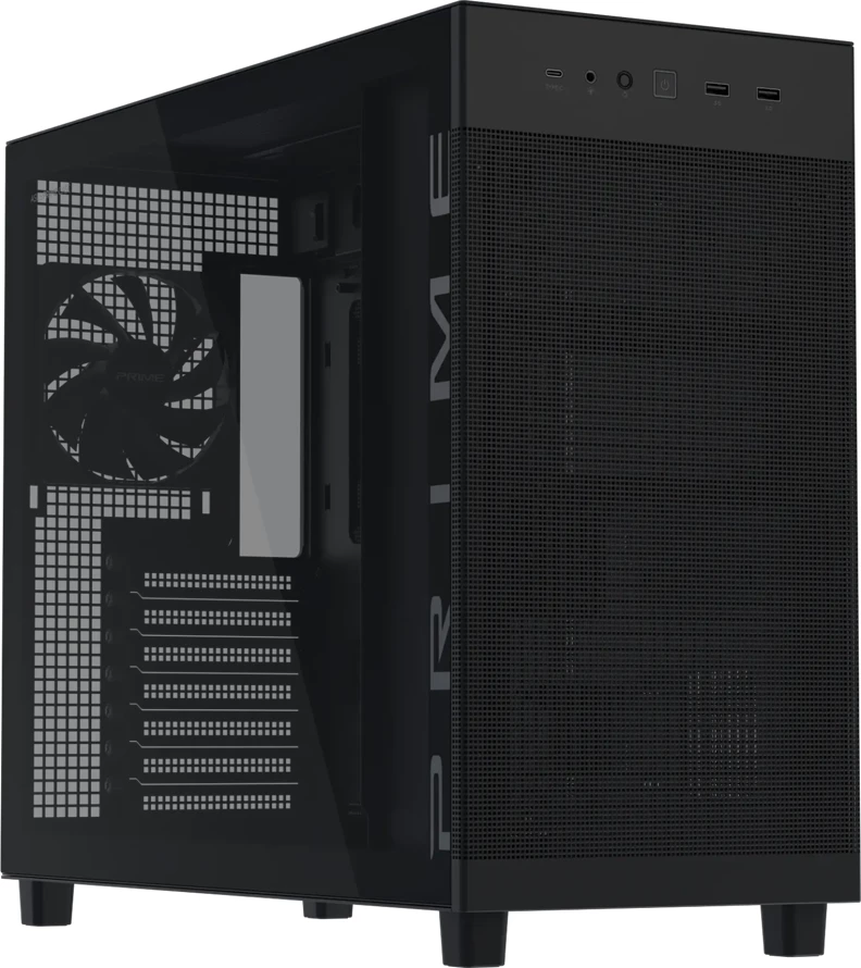 Kasë ASUS Prime AP303 TG ATX Midi Tower, xham i temperuar, USB-C, GPU deri 360mm, radiator 360mm, PSU deri 180mm, e zezë