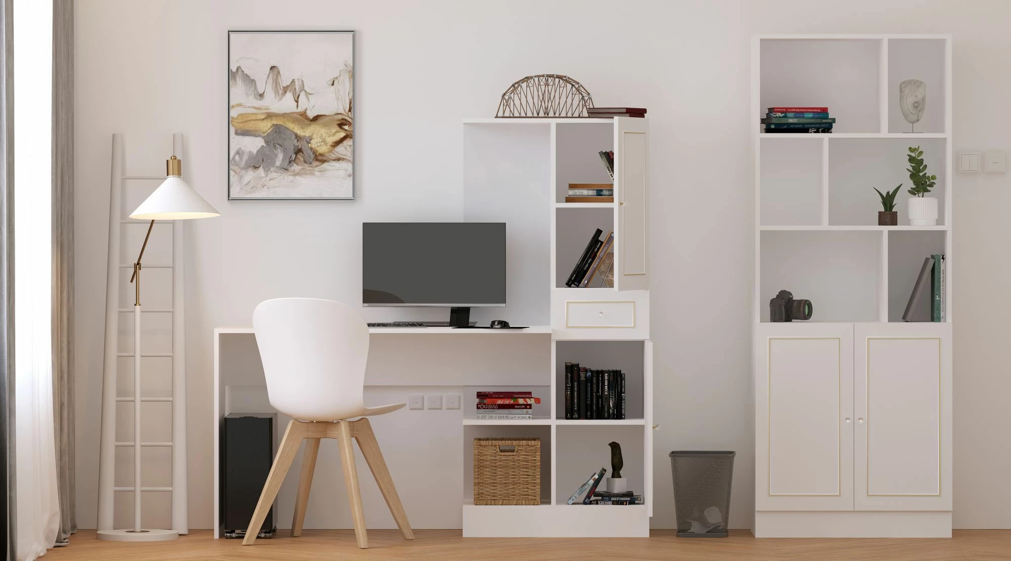 Tavolinë pune me raft librash, ngjyrë e bardhë mat, Skye Decor, Rb-087