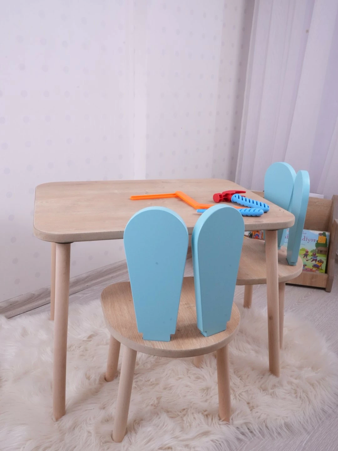 Set tavoline me karrige për fëmijë, Hanah Home, Bunny, një karrige, ngjyrë baby blue dhe kafe
