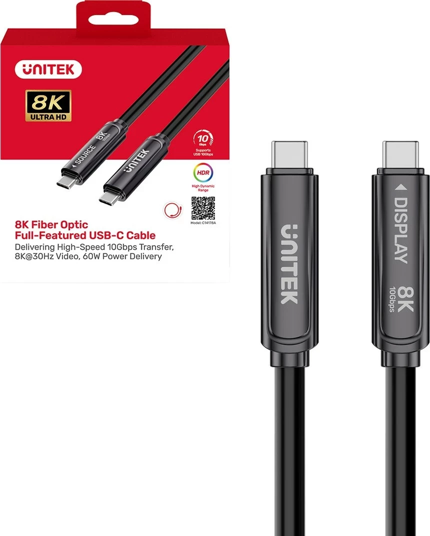 Kabl USB-C Unitek optik AOC, 12m, 10Gbps, PD 60W, 8K@30Hz, zi