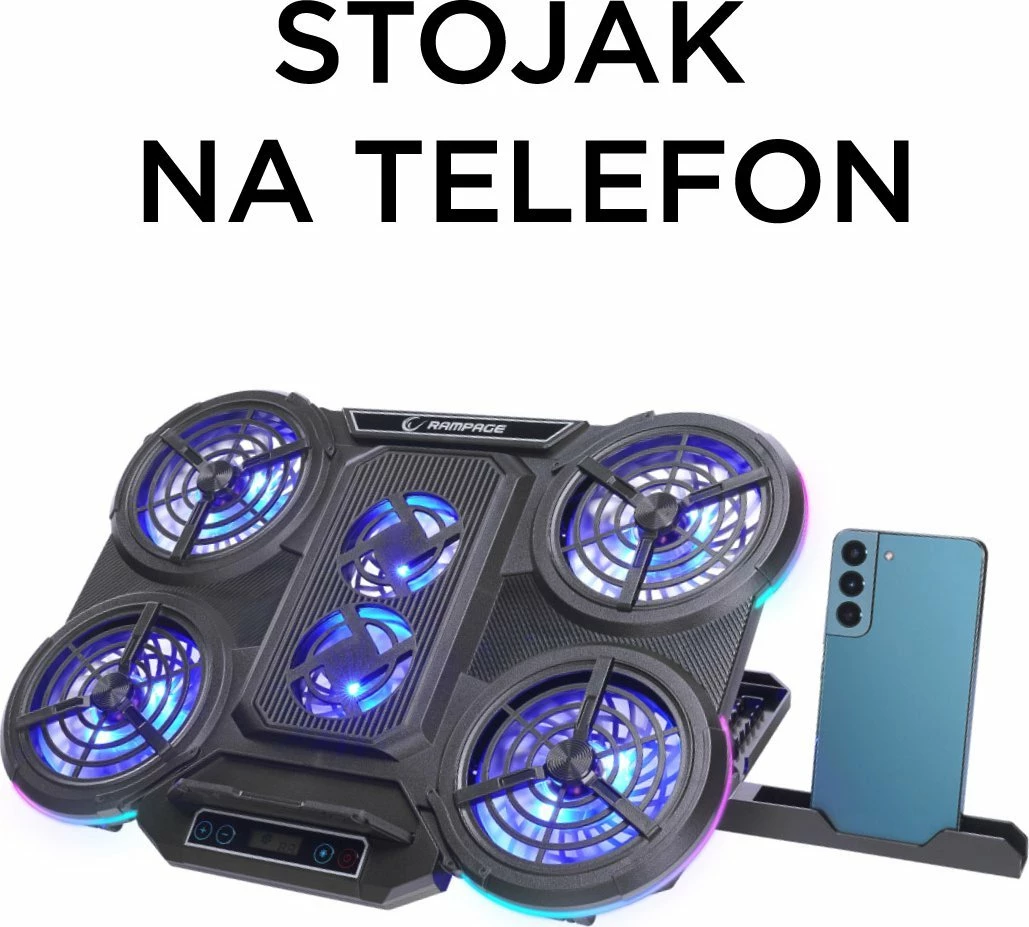 Bazë ftohëse për laptop Rampage Prote R6 10-17\", RGB, rregullueshme, 2x USB, e zezë
