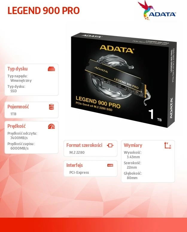 SSD Adata LEGEND 900 PRO, 1TB, M.2 2280, PCIe 4x4, Zi