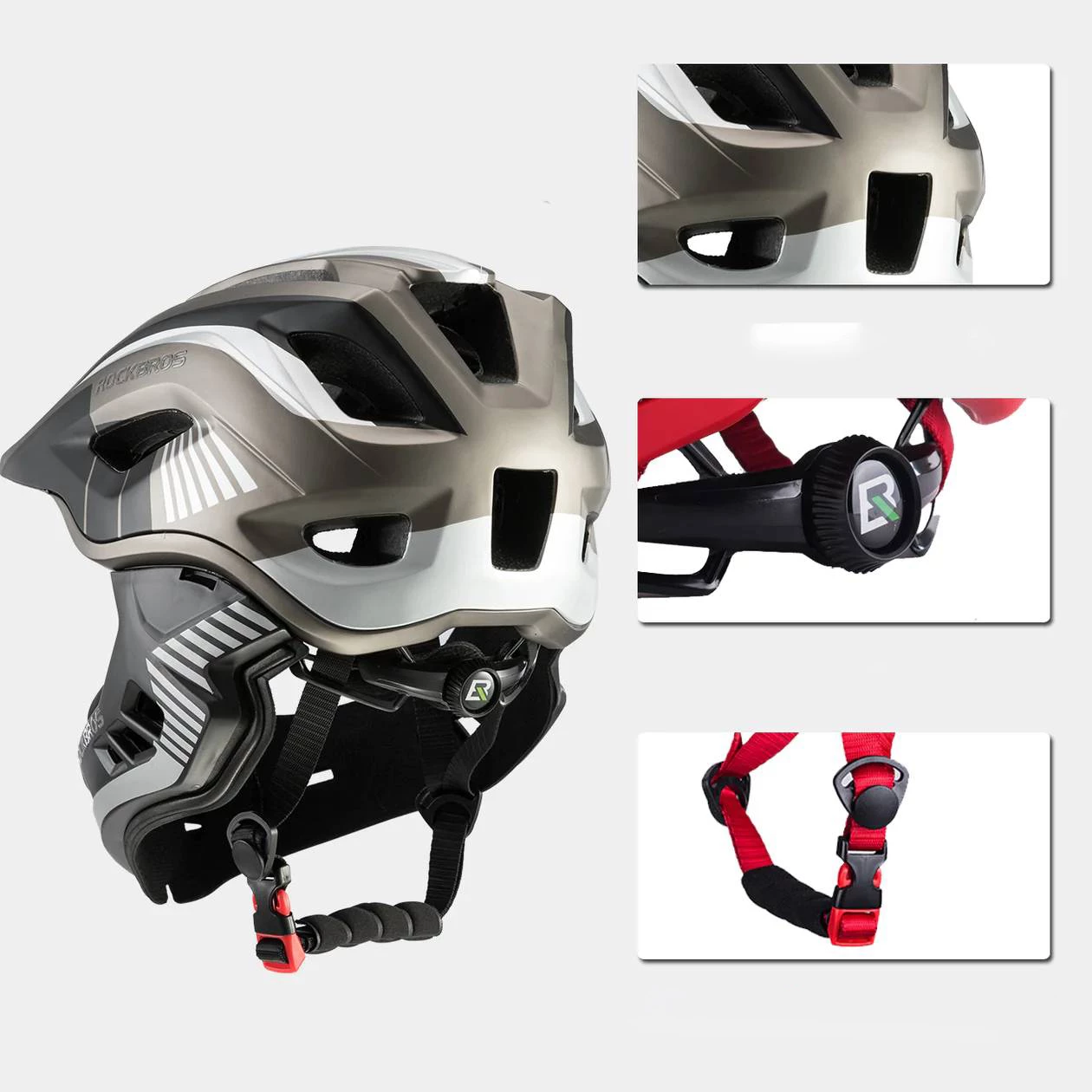 Helmetë biçiklete për fëmijë, Rockbros TT-32SBTG-S, full-face me mjekër të heqshme, rregullim 360°, S (48-54 cm), gri/zezë