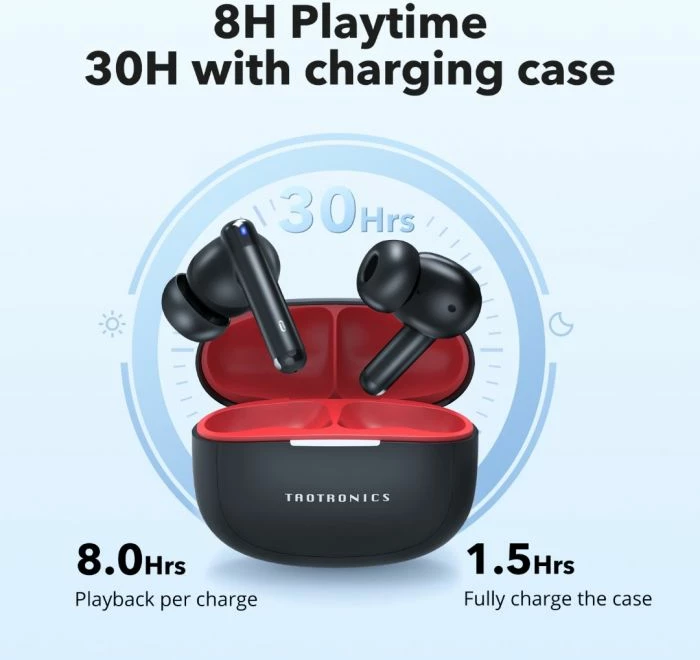 Kufje TaoTronics TT-BH1120 TWS Bluetooth 5.3, 10 mm, IPX5, 30 orë me kuti karikimi, e zezë/kuqe