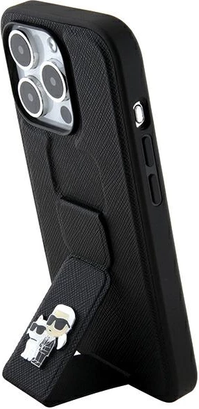 Mbështjellës Karl Lagerfeld Gripstand Saffiano Karl&Choupette Pins për iPhone 14 Pro, i zi