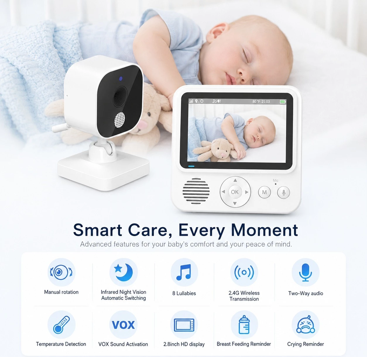 Kamerë Baby Monitor me ekran 3.5 inc, vizion nate dhe Kontroll në Distancë
