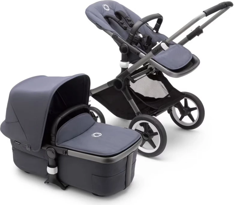 Bugaboo fox 3 carrycot and stroller with graphite frame, stormy blue fabrics and canopy