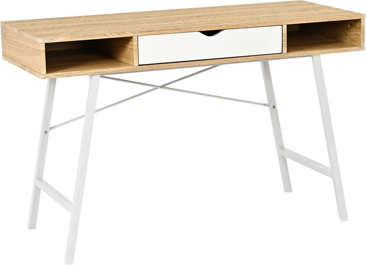 Tavolinë zyre Yamin, ngjyrë lisi me këmbë metalike të bardha, 120x48x76cm