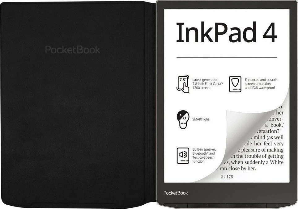 Këllëf flip PocketBook InkPad 4 7.8", me mbyllje magnetike, eko-lëkurë, i zi