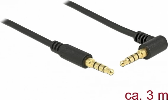 Kabllo AUX DeLOCK 85616, 3.5mm mashkull-mashkull (4-pin), 3m, këndore, e zezë