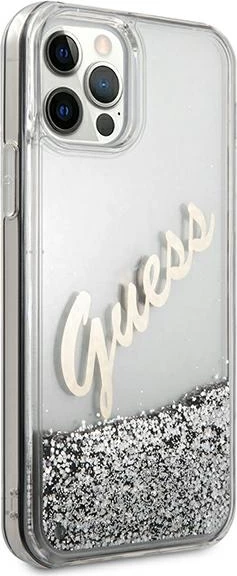 Mbështjellës Guess GUHCP12LGLVSSI për iPhone 12 Pro Max 6.7", Glitter Liquid Vintage, argjendtë