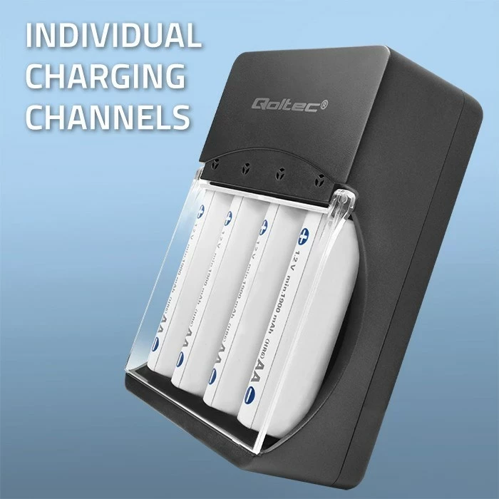 Karikues baterish Qoltec 50653 për Ni-MH R03/AAA R6/AA, Zi