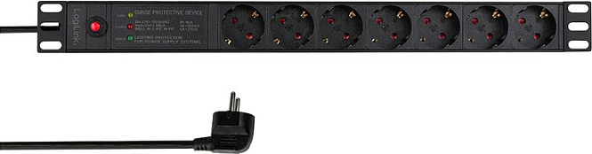 PDU 19" LogiLink, 7x prizë Schuko CEE 7/3, filtër linje, mbrojtje mbingarkese, e zezë