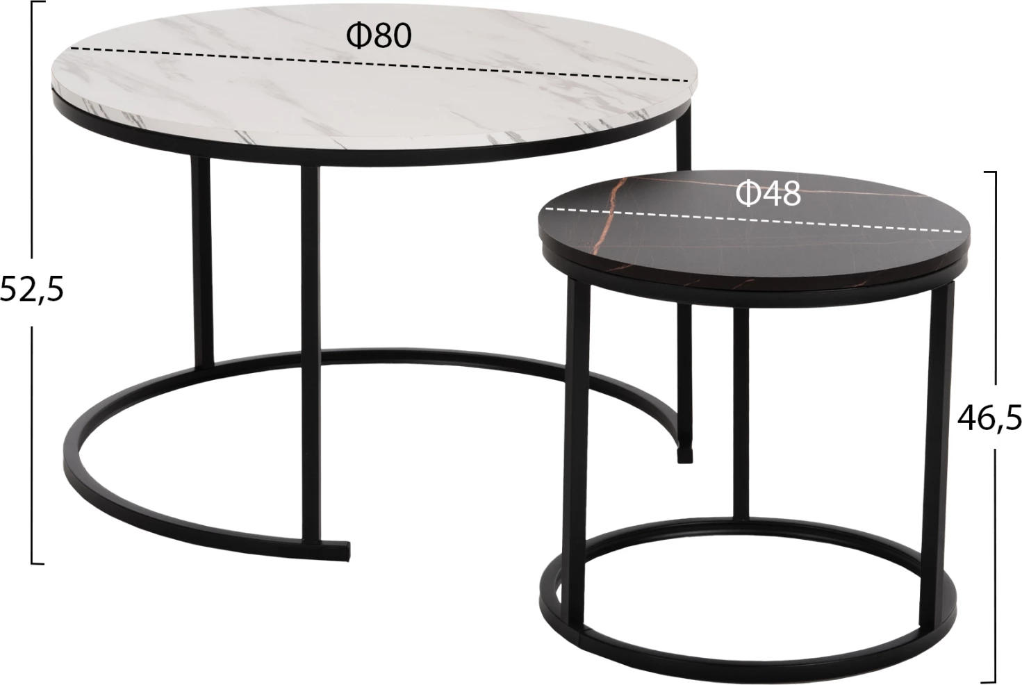 Tavolina kafeje FH8763.14 set 2 copë MDF pamje mermeri ngjyrë e përzier me këmbë të zeza Φ80-Φ48cm