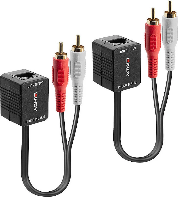 Ekstender audio stereo LINDY Cat5/6, 2x RCA në RJ45, deri 100 m, zi/kuqe/bardhë