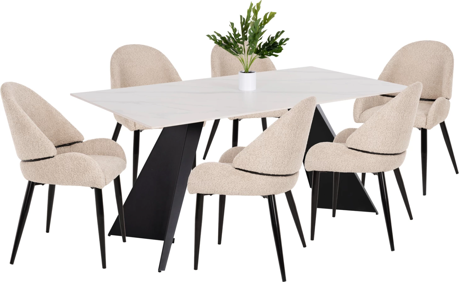 Tavolinë me karrige, 7 pjesë, FH21046, sipërfaqe qeramike, 6 karrige ngjyrë ecru