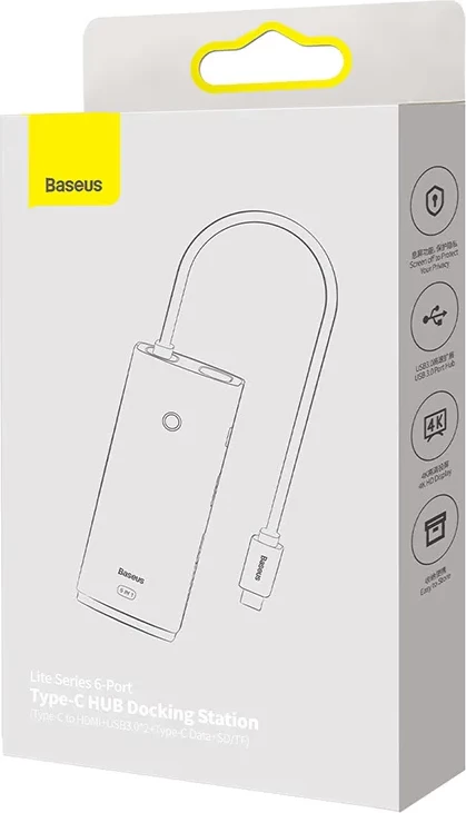 Kasë Baseus Lite Series 6-në-1, USB-C në 2x USB 3.0 + USB-C + HDMI + SD/TF, e zezë