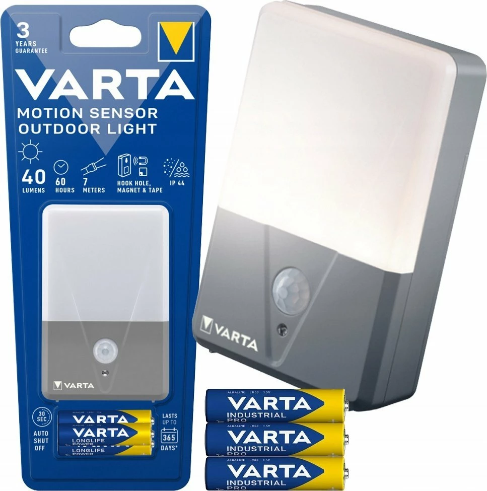Lampë muri Varta Motion Sensor Outdoor Light, LED 40 lm, IP44, 3x AAA, gri/bardhë