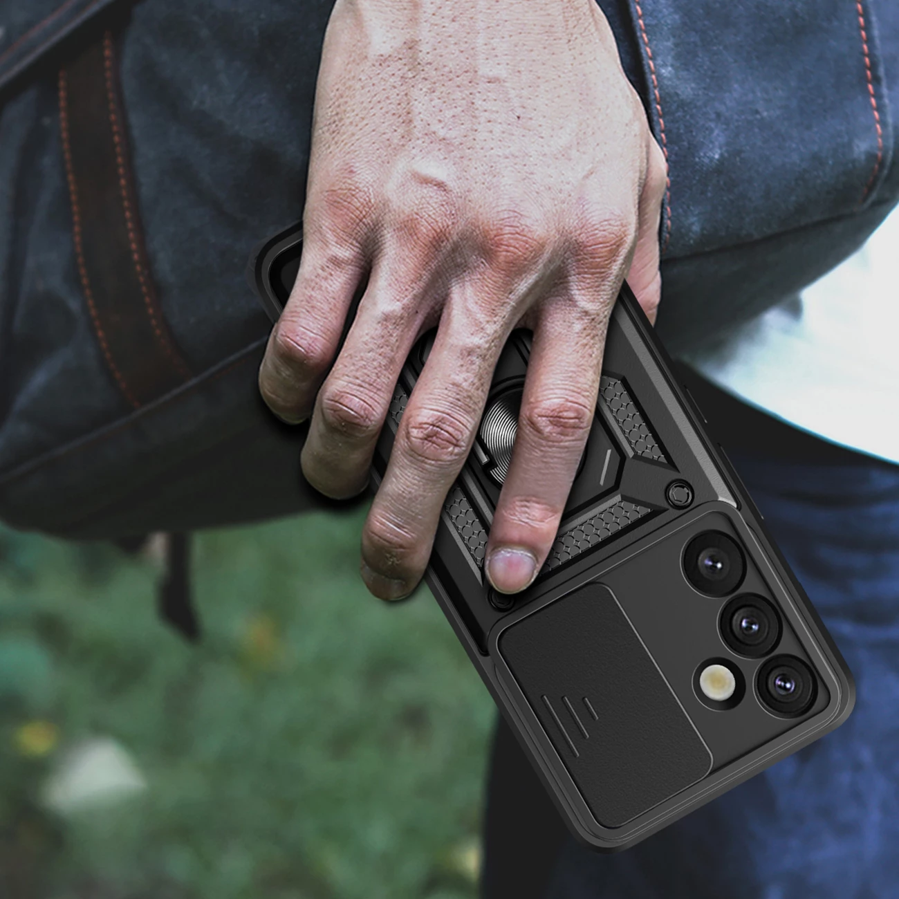 Mbështjellës Hurtel Hybrid Armor Camshield me kapak kamere dhe unazë metalike për Samsung Galaxy S25+, Zi