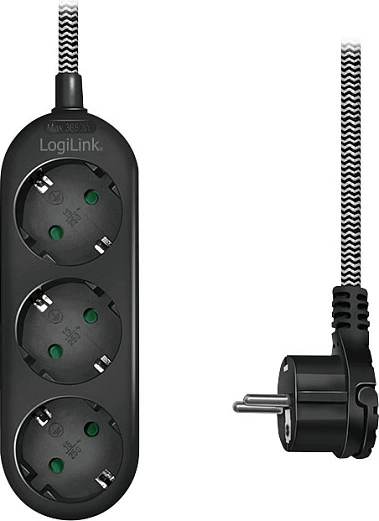 Zgjatues rryme LogiLink 3-prizësh Schuko (CEE 7/3), kabllo tekstili 1.5m, i zi
