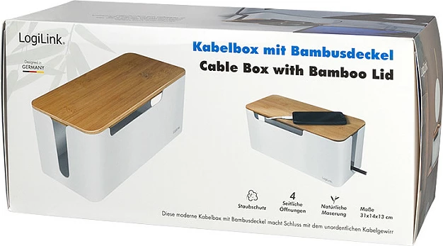 Kuti për kabllo LogiLink KAB0075, kapak bambuje, 310x140x130 mm, e bardhë/druri