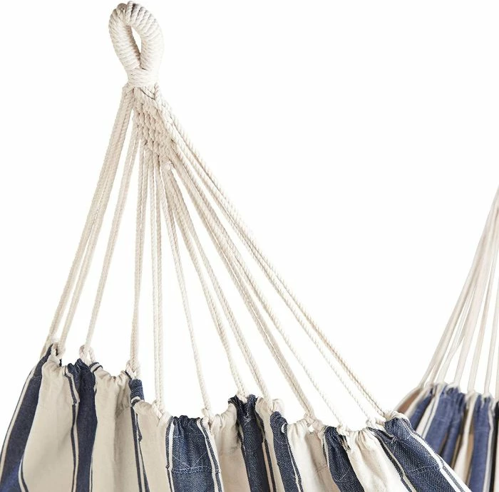 Hamak VONHAUS 22/105 200 x 152.5 cm, kapacitet 120 kg, me çantë transporti, blu/bardhë