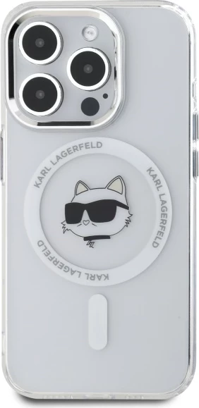 Mbështjellës Karl Lagerfeld IML Metal Choupette Head MagSafe për iPhone 15 Pro, Bardhë
