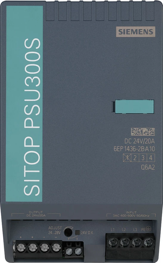 Furnizues energjie Siemens SITOP PSU300S 6EP1436-2BA10, 24V DC 20A, hyrje 3-fazore 400–500VAC, gri