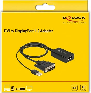 Adapter DeLOCK DVI mashkull në DisplayPort 1.2 femër, 0.5 m, 4K HDR, i zi