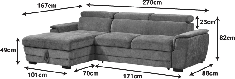 Këndare Dreamora me hapësirë për depo, kënd i djathtë, stof bezhë, 270x167x82cm