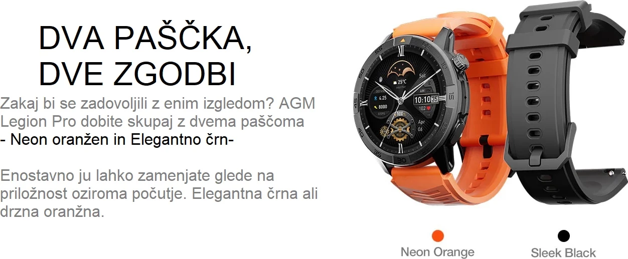 Smartwatch AGM Legion Pro 24166, GPS, harta offline, 5ATM, IP67, MIL-STD-810H, AMOLED 1.43\" 60Hz, Bluetooth thirrje, set me 2 rripa (portokalli neon + zi), i zi