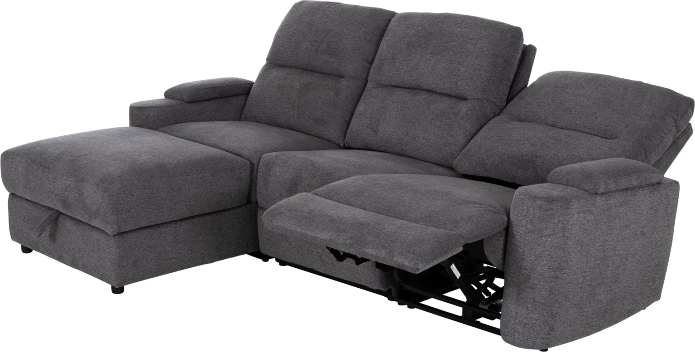 Këndare e majtë SYNTHIA, 3 vende, stof gri, me recliner elektrik dhe hapësirë për depo, 246x159x97cm