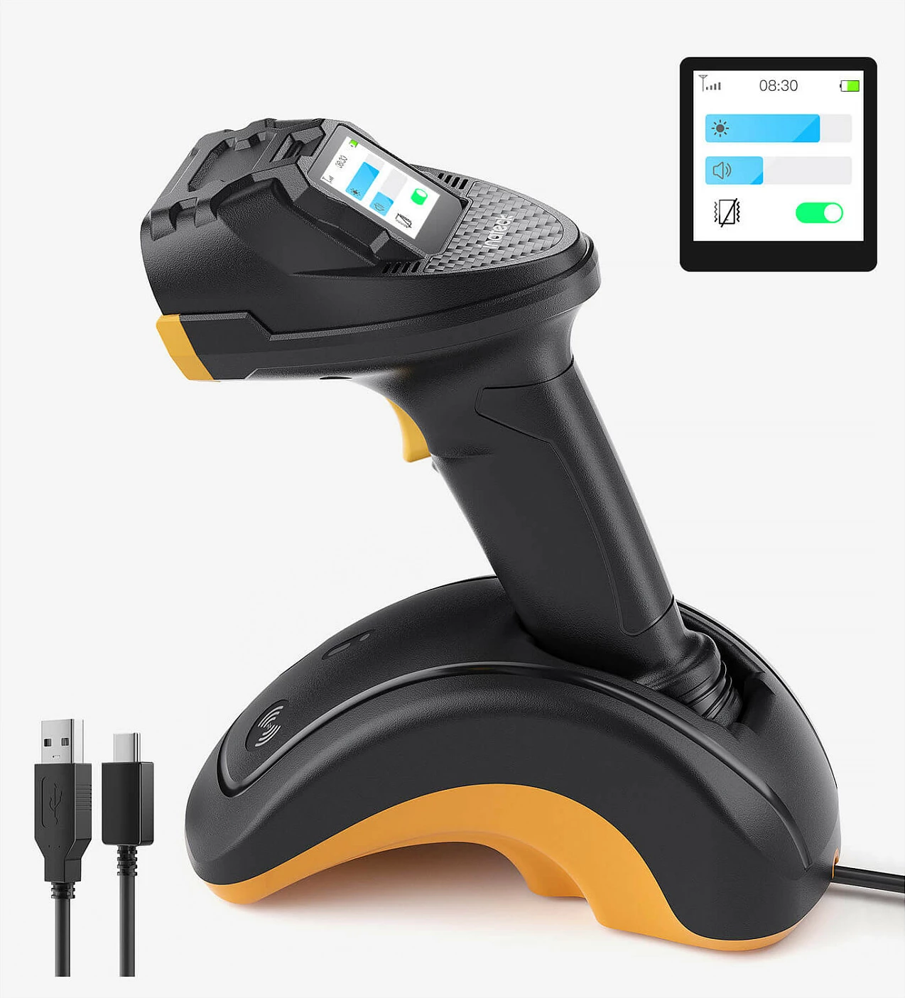 Skaner barkodi Inateck PRO 8, wireless Bluetooth/2.4G, 1D/2D/QR, ekran me prekje 1.4", bazë karikimi, 2600 mAh, zi/verdhë
