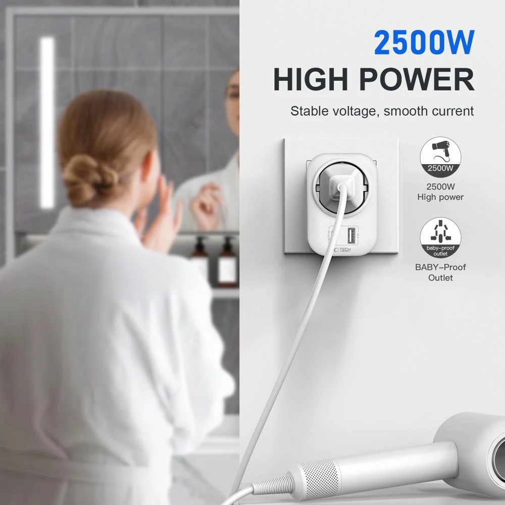 Adapter udhëtimi Tech-Protect TA100 EU në UK, 2500W, USB-A + USB-C, i bardhë, 1 copë