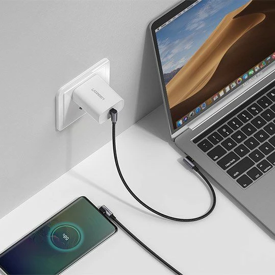 Kabllo USB-C në USB-C Ugreen US305 1 m 3A Power Delivery, këndore (angled), gri