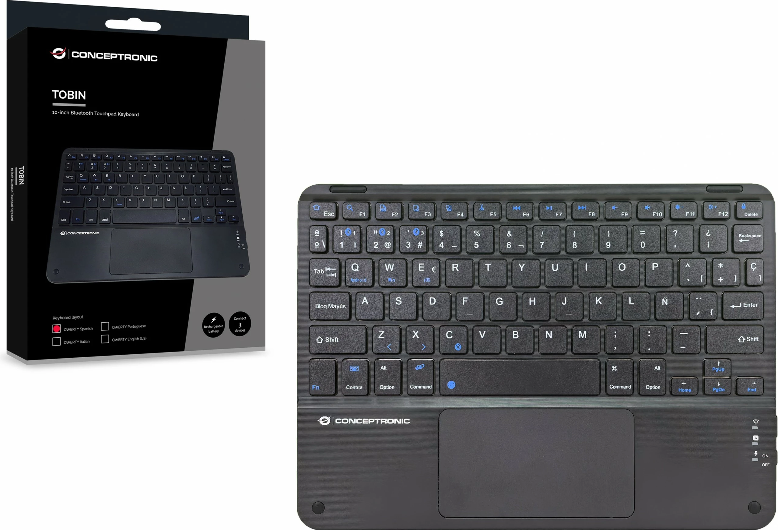 Tastierë wireless Conceptronic, QWERTY spanjoll, touchpad, Bluetooth, e zezë
