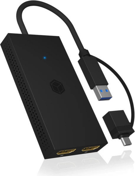 Adapter USB-C/USB-A në 2x HDMI, ICYBOX IB-SPL1029AC, 2K@60Hz + 4K@30Hz, zi, 1 copë